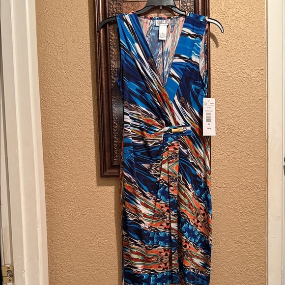 NWT Robbie Bee Vibrant Blue and Orange Midi Dress. Bamboo detailing. 37” length - Picture 1 of 12
